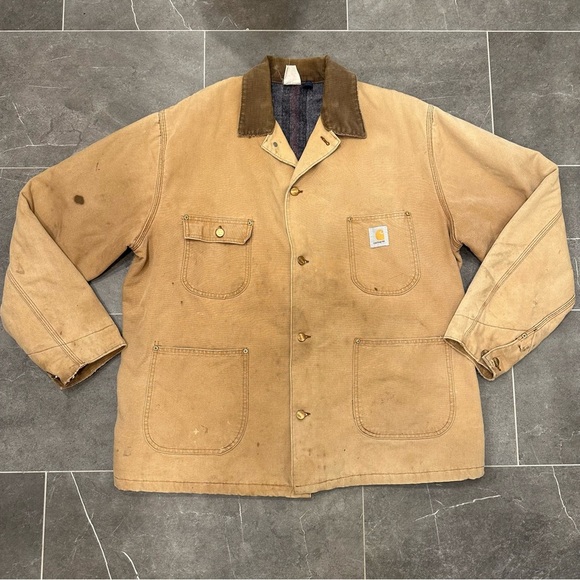 Vintage Carhartt tan button up chore coat distressed utility rug winter - Picture 2 of 12